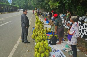 Waket Komisi V DPR Papua, H. Jayakusuma saat menghampiri para pedagang buah sukun di Depan Pelabuhan Jayapura 