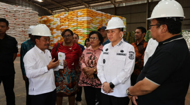 Pj Gubernur Papua, Agus Fatoni saat meninjau gudang beras Bulog 