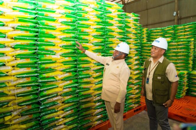 
					Gubernur Papua, Matius D. Fakhiri mengecek stok beras di gudang Bulog / Istimewa
