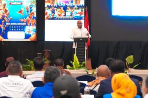 Matius D. Fakhiri dalam sambutannya usai pelaksanaan Musorprov dan pelantikan pengurus KONI Papua periode 2026-2030 / Istimewa